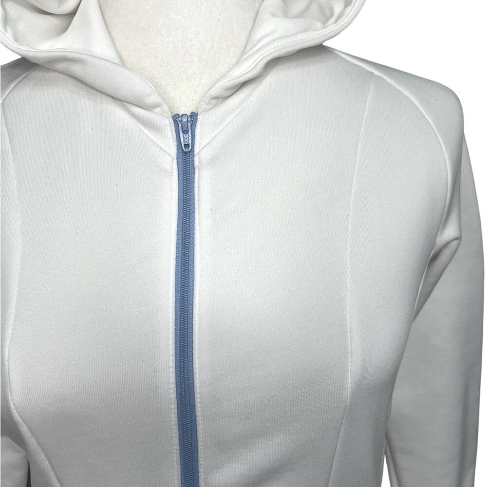 ADIDAS White/Blue Climalite Zip Front 3/4 Sleeve Hood Jacket Pockets Size Small - Picture 5 of 12